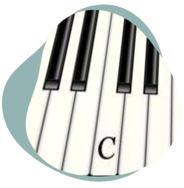 Piano keyboard with middle C labeled on a white key