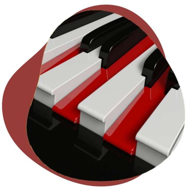 Close-up of piano keys with red keys marking a chord